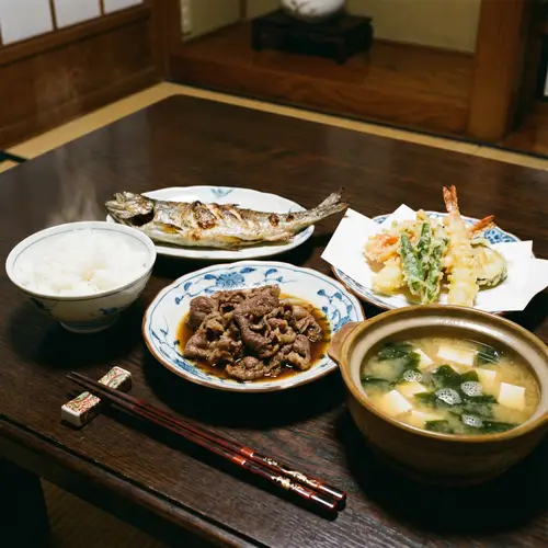 Delicious Japanese Main Courses: Traditional Spread on Dark Wooden Table