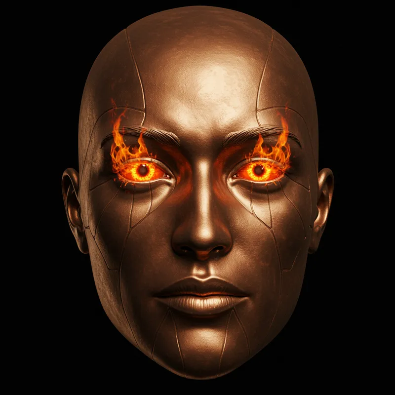 Bronze Metallic Face with Fiery Eyes
