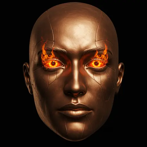 Bronze Metallic Face with Fiery Eyes