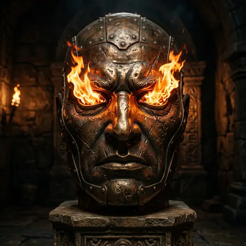 Bronze Metallic Face with Fiery Eyes