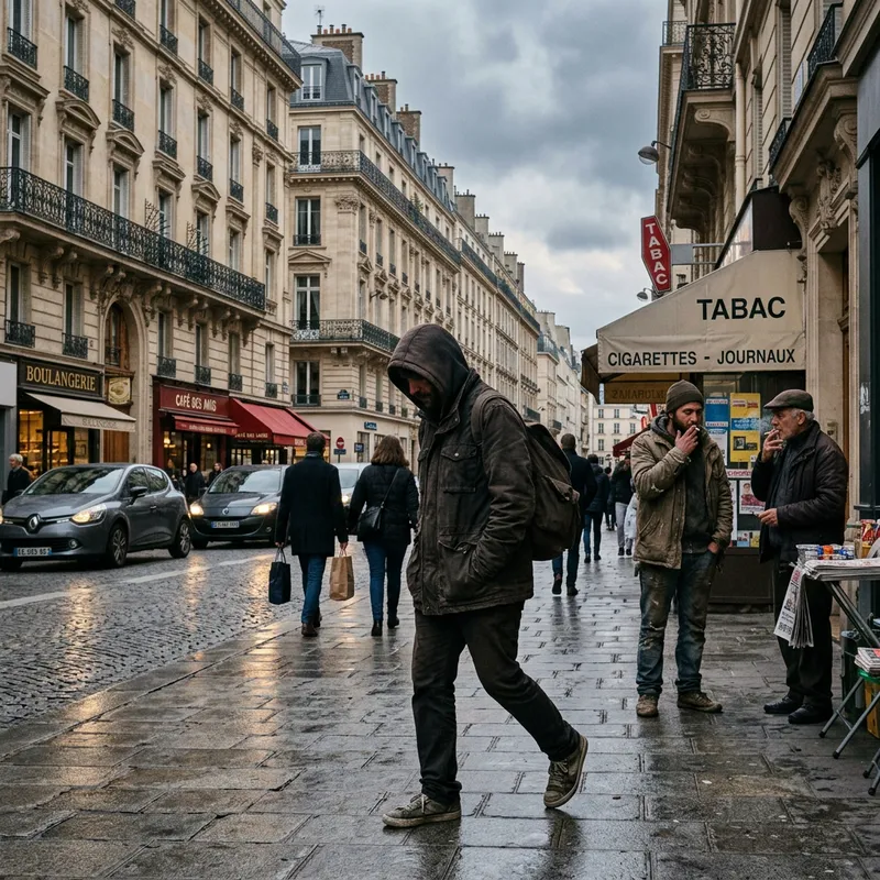 Mysterious Man in Hooded Jacket in French City