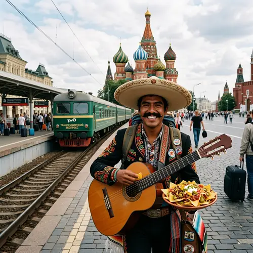 Mexican Traveler with Sombrero and Guitar in Russia