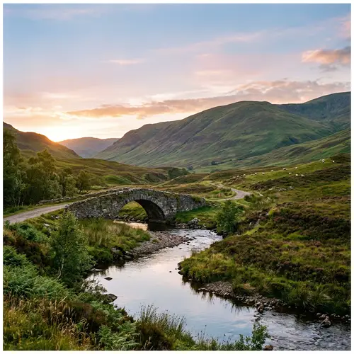 Tranquil Scottish Countryside Scene with Stone Bridge