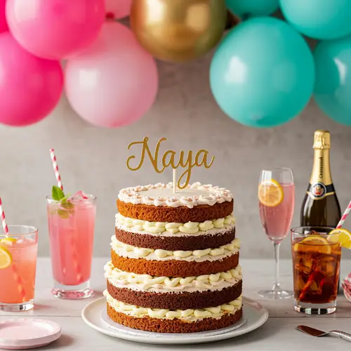 Naya's Birthday Cake with Balloons and Drinks