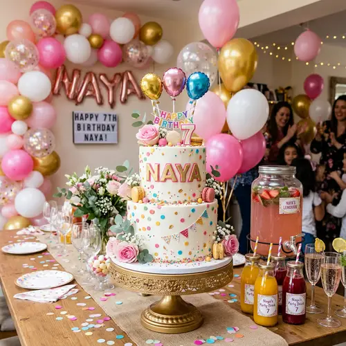 Naya's Birthday Cake with Balloons and Drinks