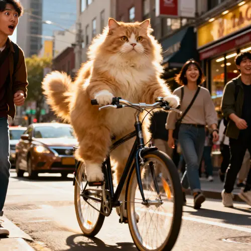 Fluffy Cat Riding Bicycle in City - Adorable Snapshot