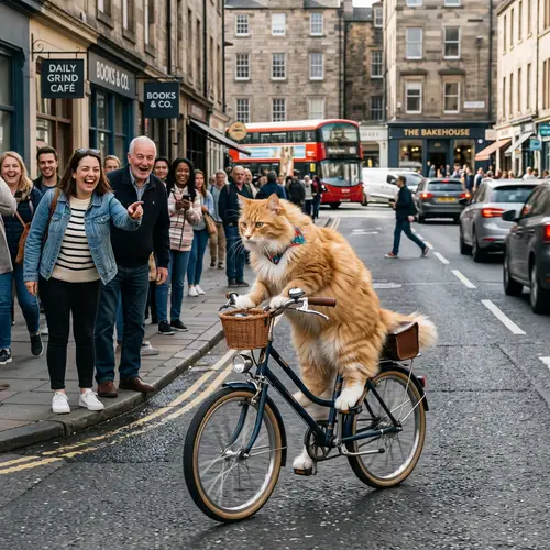 Fluffy Cat Riding Bicycle in City - Adorable Snapshot