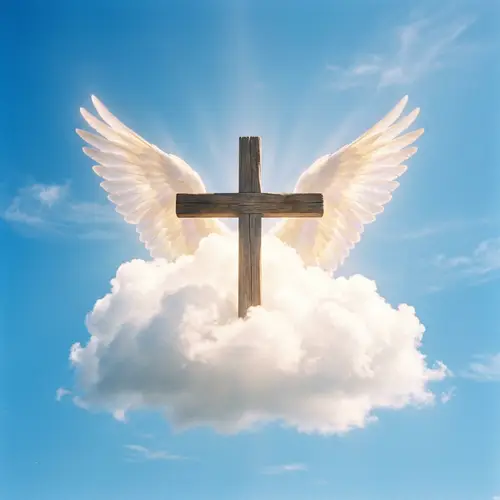 Classic Wooden Cross in Fluffy Cloud with Cherubim Wings
