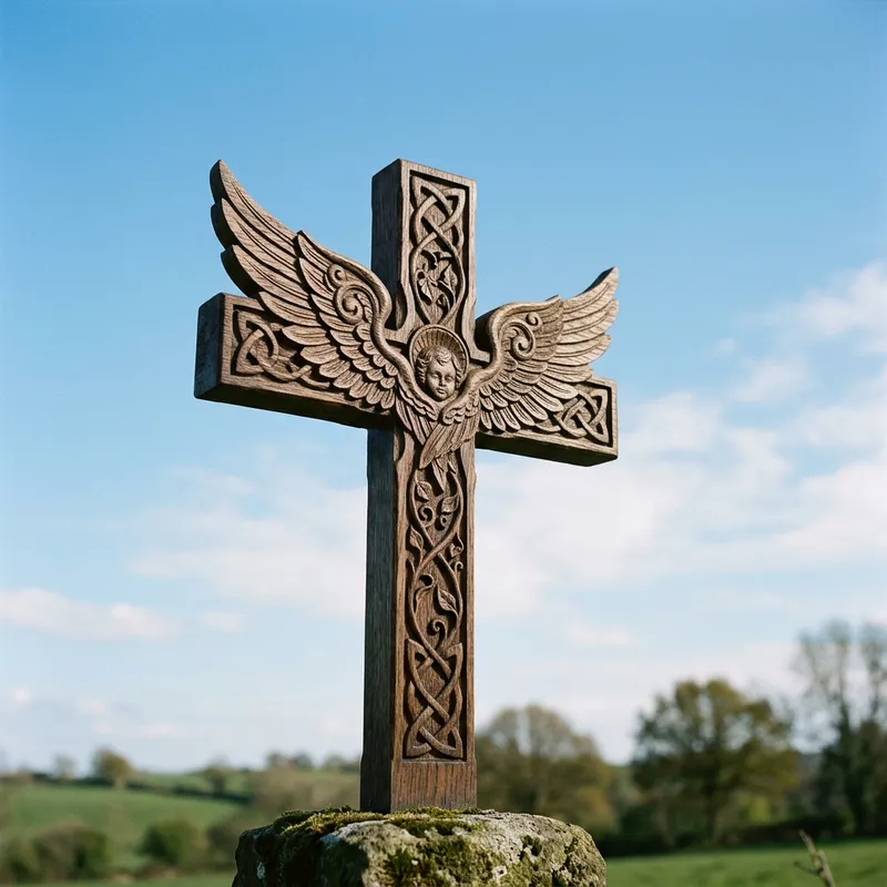 Tranquil Wood Cross with Cherubim Wings Against Blue Sky Tranquil Wood Cross with Cherubim Wings Against Blue Sky