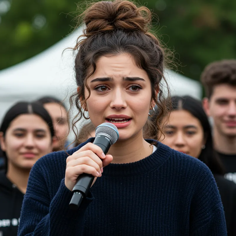Emotional Speech by Young Brunette on Stage