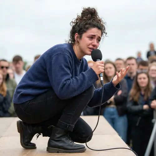Emotional Speech by Young Brunette on Stage
