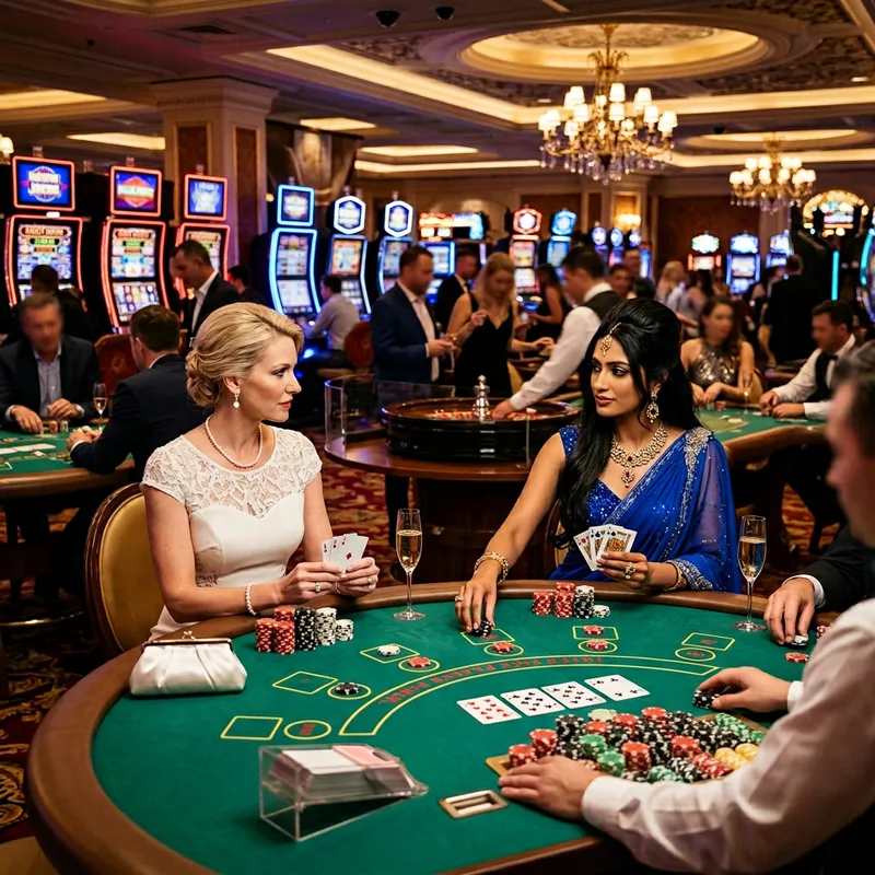Elegant Casino Women in White and Blue Playing Poker