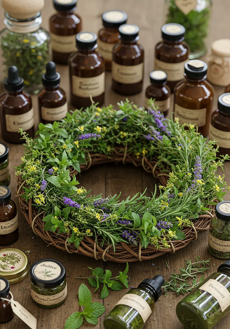 Herbal Wreath Centerpiece with Salves and Tinctures