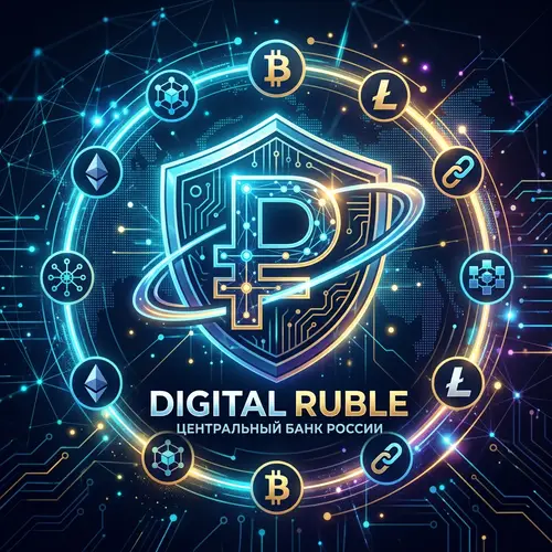 Stylized Digital Ruble Logo with Blockchain Symbols