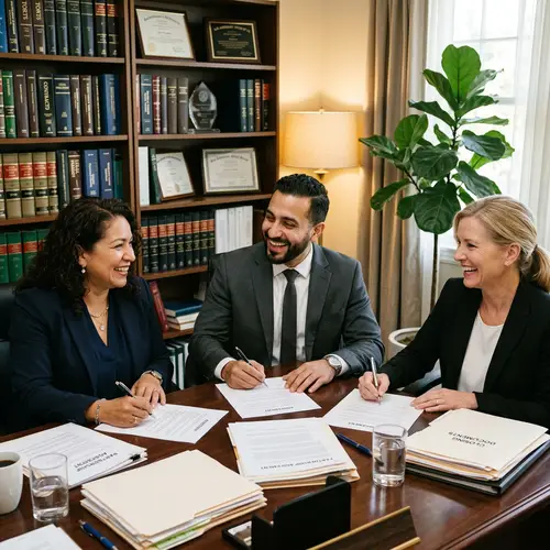 Diverse Legal Team Signing Documents in Warmly Lit Office