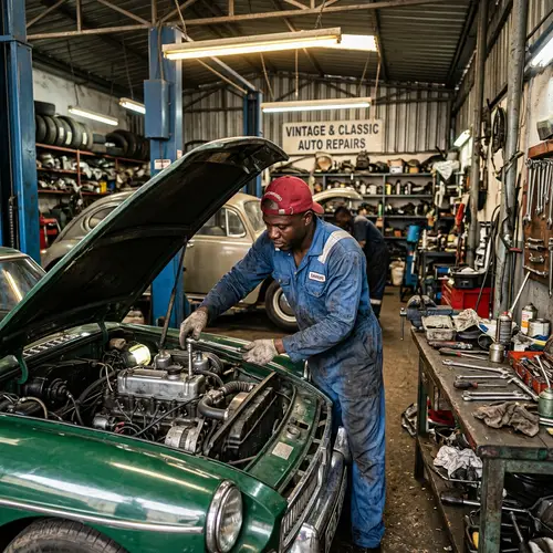Experienced African American Mechanic Working on Vintage Car