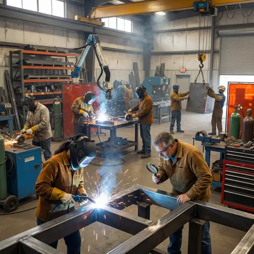 Mechanical Welding Workshop: Machinery, Tools, and Diverse Workforce
