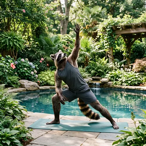 Male Raccoon Demi-Human Doing Yoga by Pool