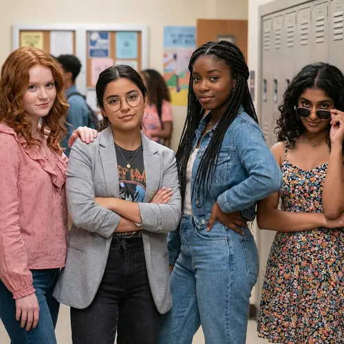 Diverse Mean Girls in School Hallway | Teen Girls Fashion Style