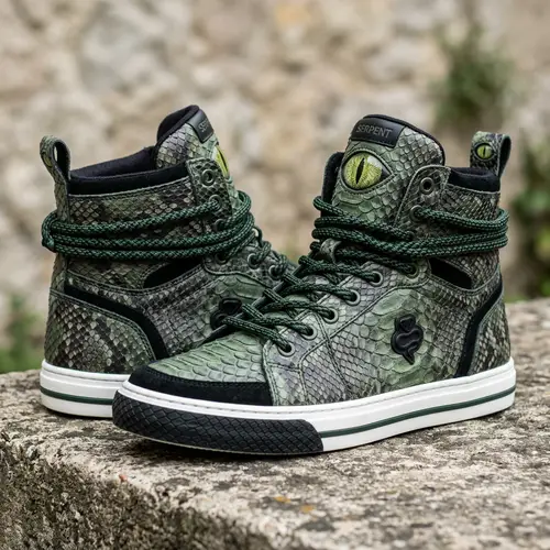 Snake-Inspired High-Top Sneakers | Green Faux-Snake Skin Design