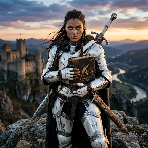 Warrior Girl with Yellow Cat-like Eyes in White Armor