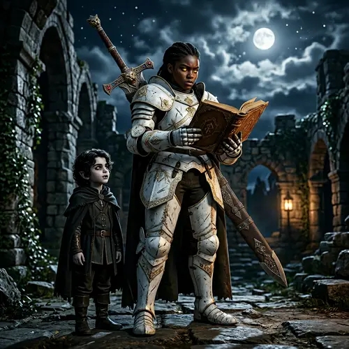 Teenage Black Warrior Girl in White Armor with Vampire Child