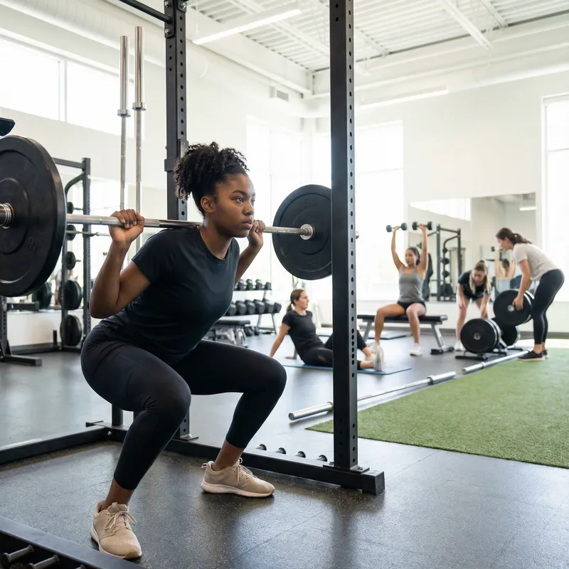 Black Teenage Volleyball Athlete Squatting in Gym