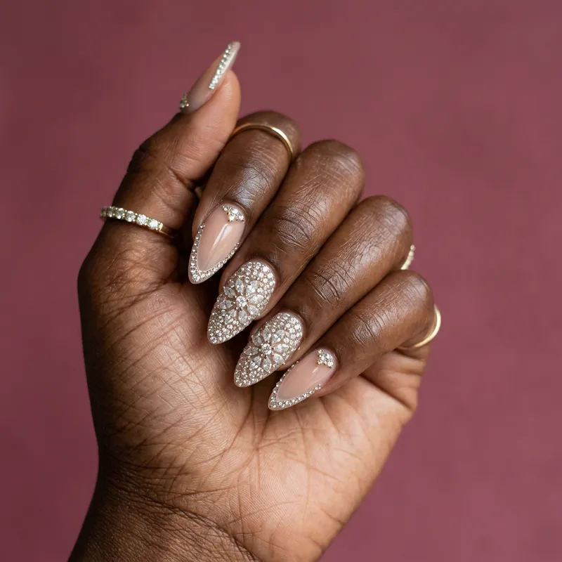 Elegant Nail Art with Diamonds on Dark Skin