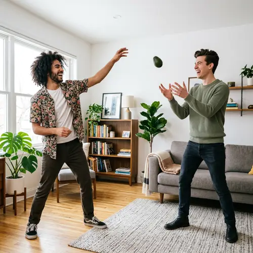Playful Avocado Tossing in Modern Bright Room