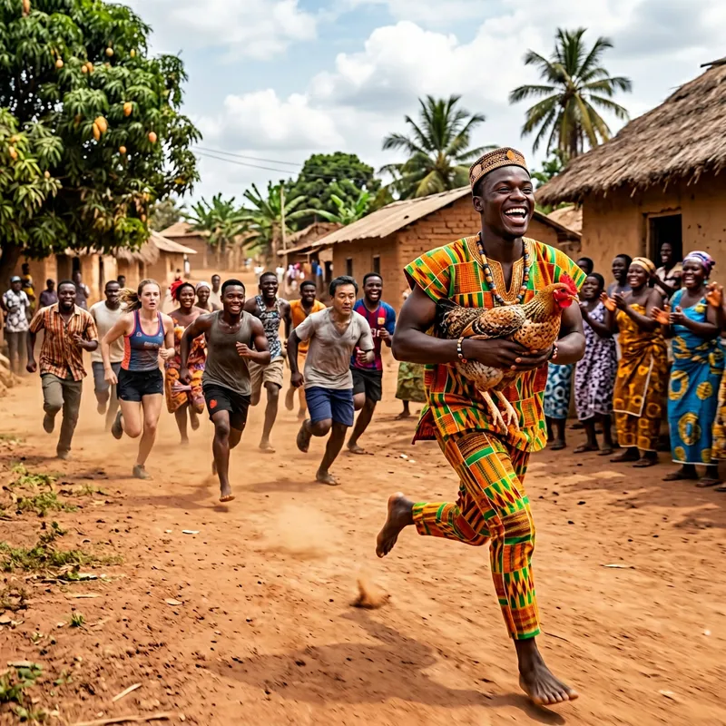 Victory in Tradition: Young Man Racing with Chicken