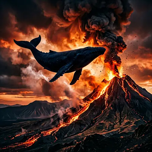 Whale Soaring in the Sky over Erupting Volcano