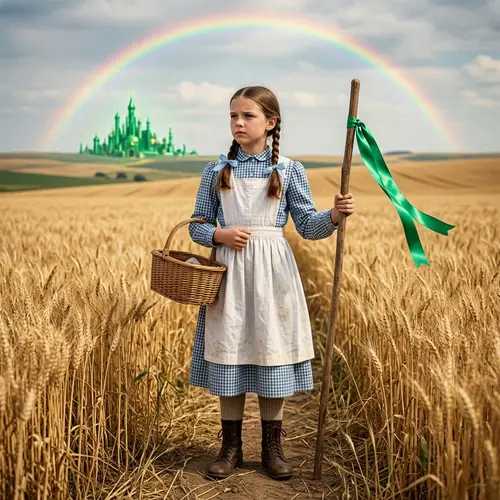 Historical American Midwest Girl in Wheat Field with Emerald City Background