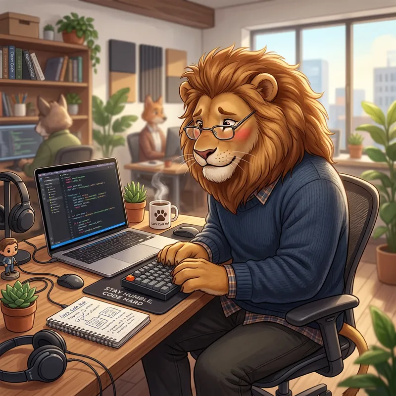 Courageous Lion Software Developer in Glasses Coding Artwork