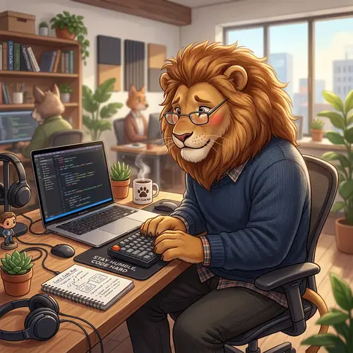 Shy Lion Software Developer Coding Illustration