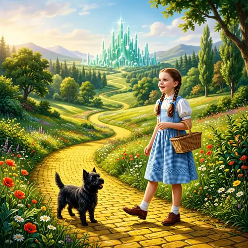 Young Girl in Blue and White Gingham Dress with Dog