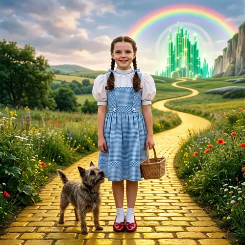 Young Girl in Rural Setting with Terrier Dog on Yellow Brick Road