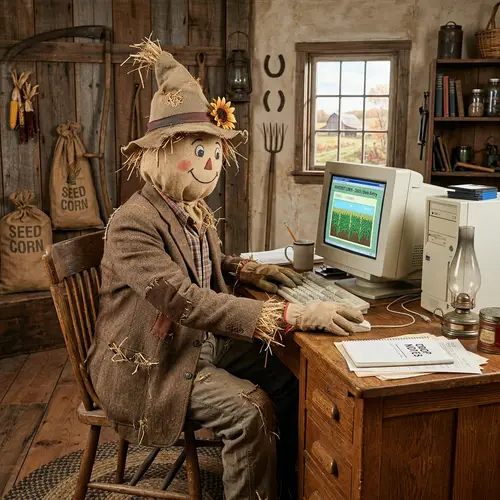 a scarecrow from the wizard of oz in front of the computer