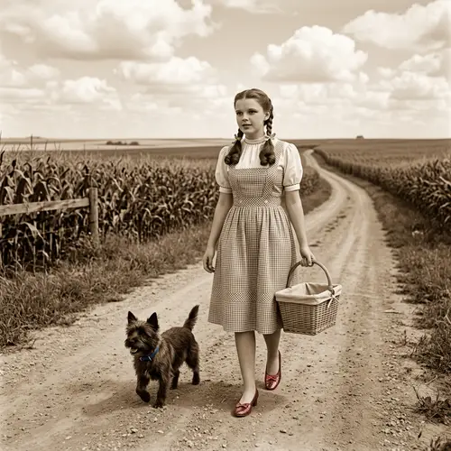Vintage Sepia Photo of Teenage Girl with Terrier in Midwestern Landscape