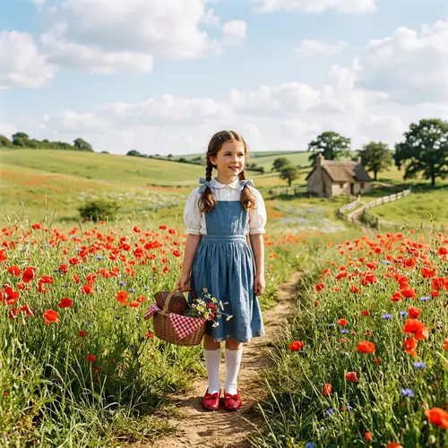 Young Girl in Traditional Attire Amidst Red Poppies