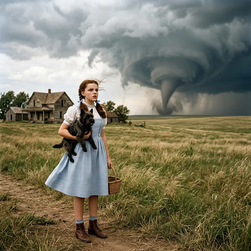 Dorothy Gale Confronts Tornado in Banksy's Interpretation Dorothy Gale Confronts Tornado in Banksy's Interpretation