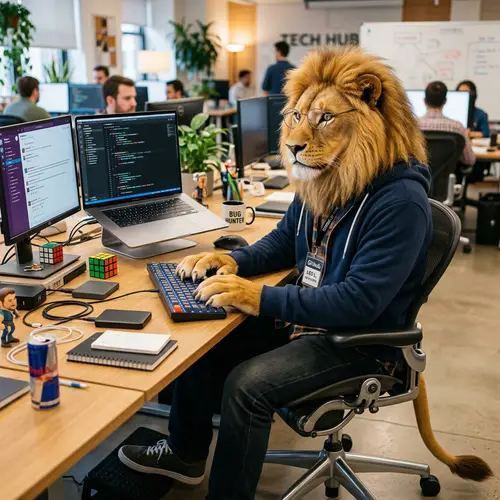 Tech-Savvy Lion Software Developer Coding in Modern Office