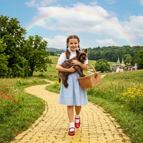 Young Girl in Blue & White Gingham Dress with Ruby Red Shoes