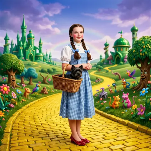 Quirky World: Teenage Girl in Blue and White Checkered Dress with Ruby-Red Slippers