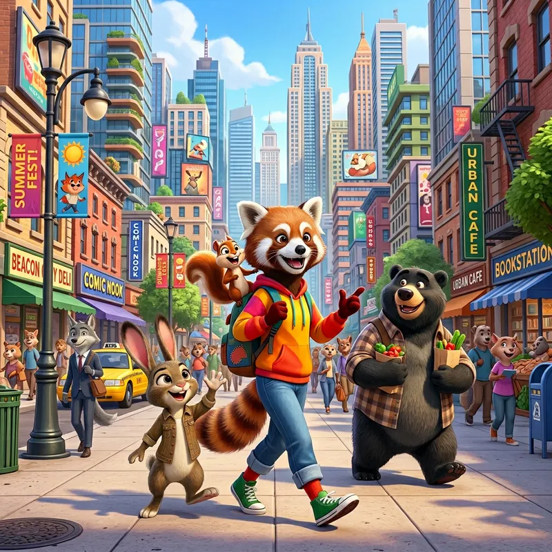 Joyful Urban Adventures of a Red Anthropomorphic Character