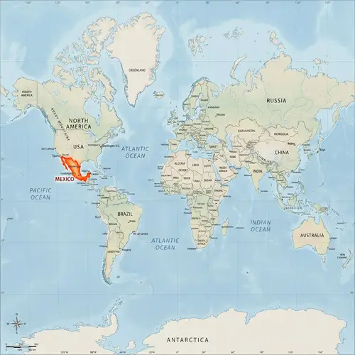 Detailed World Map Featuring Mexico