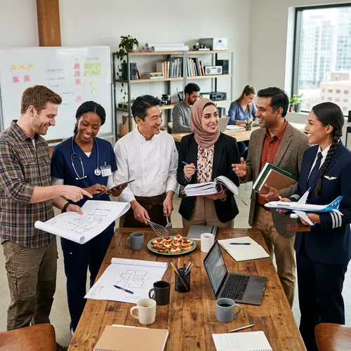 Diverse Group of Professionals: Engineer, Doctor, Chef, Lawyer, Teacher & Pilot