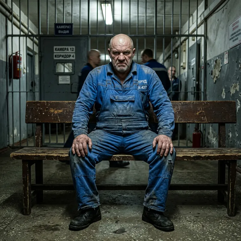 Bald Russian Prisoner in Faded Blue Overalls - Severe 4K Image
