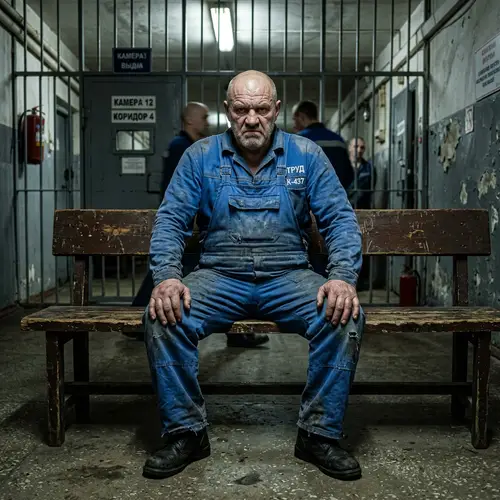 Russian Prisoner in Faded Blue Overalls - 4K Image
