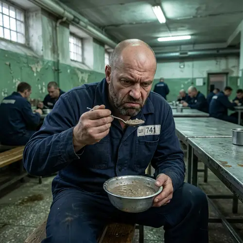 Russian Prisoner Eating Gruel | High-Resolution Image