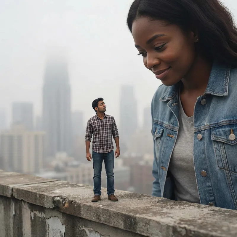 Tiny Man Confronted by Giant Woman